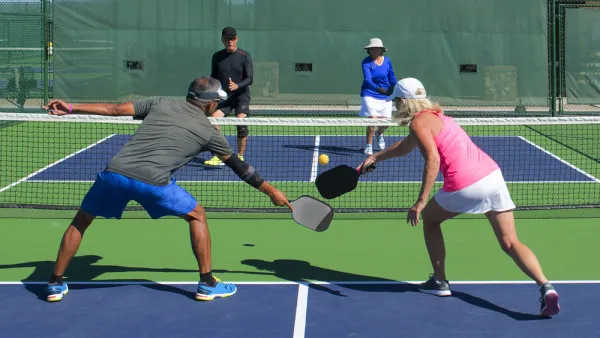A mixed-doubles game of pickleball.
