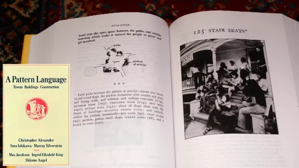 The cover of the book "A Pattern Language" by Christopher Alexander is shown next to a page from the booking--the latter shows "stair case steps."