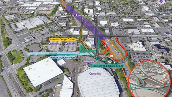 Diagram of proposed Interstate 5 improvement project in Portland, Oregon showing new freeway cap and pedestrian and bicycle bridge.