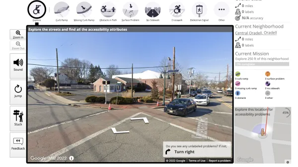 The website for Project Sidewalk shows a street with a menu for identifying issues with mobility infrastructure.