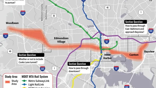 Map of proposed Baltimore Red Line transit line alignment with white boxes showing open questions