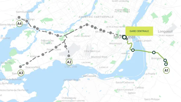 A map of the Réseau Express Métropolitain where it cuts across the Montreal region.