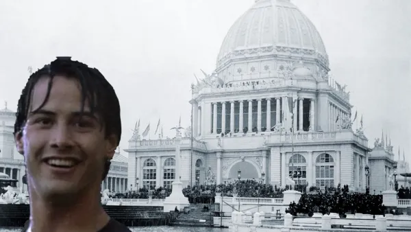 A image of the World's Columbian Exposition overlayed with a picture of Keanu Reeves in the rain from the movie Point Break.