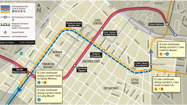 A map of the construction project to build two new rail transit routes through Downtown Los Angeles.