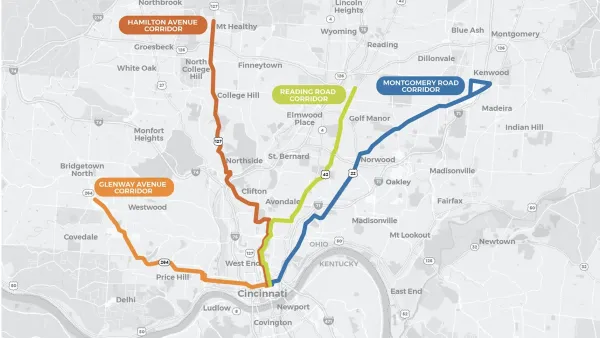 A map shows four proposed transit routes into and out of Cincinnati.