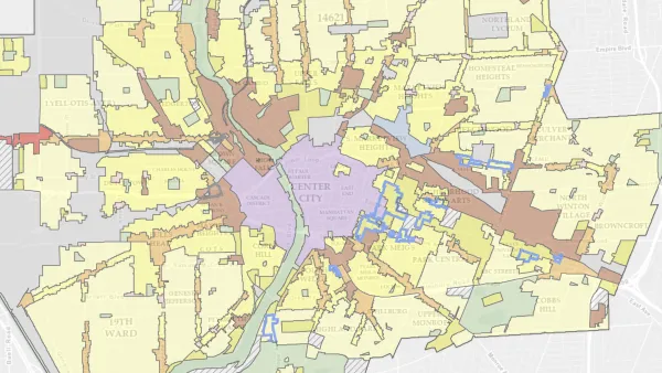 A map showing proposed zones for future development in the city of Rochester, New York.