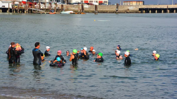 A group of wetsuit-clad swimmers gathers to talk in shallow water near the shore of the San Francisco Bay.