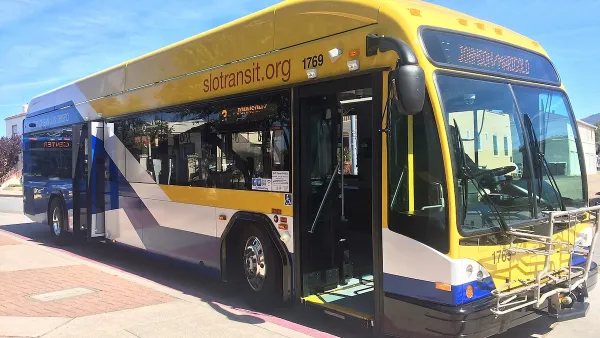 Blue and yellow 40-foot public transit bus in San Luis Obispo.