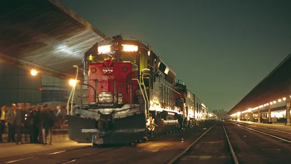 Nighttime view of the last Southern Pacific Lark overnight train leaving Los Angeles Union Station on April 8, 1968