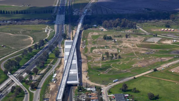 Construction fo the California High-Speed Rail project is shown running parallel to Highway 99 in California's Central Valley.