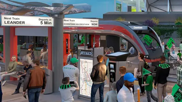 rendering of red light rail tran at crowded station platform