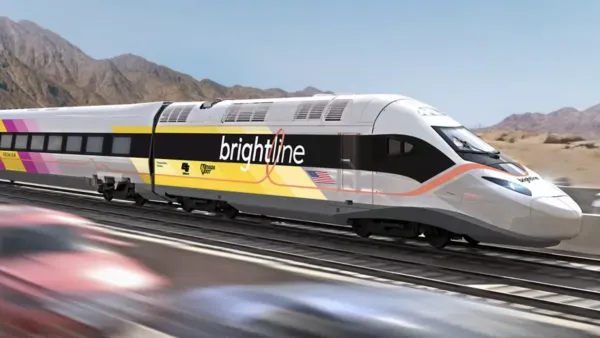 Rendering of Brightline West high-speed train with southwest desert mountains in background