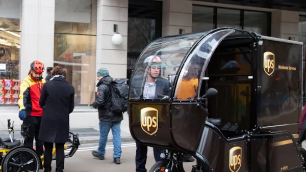 UPS delivery cargo bike with covered front seat in New York City