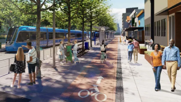 Rendering of blue light rail train and people walking around train station in Austin, Texas