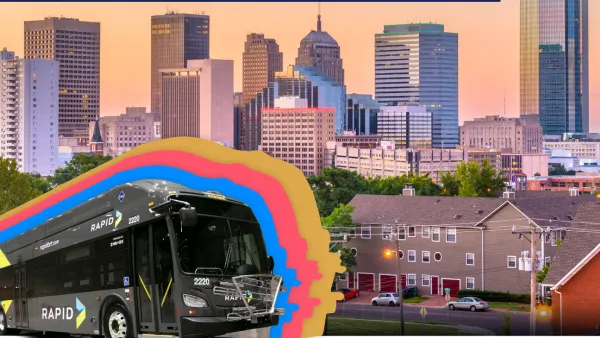 Graphic of gray Oklahoma City rapid bus against photo of Oklahoma City skyline