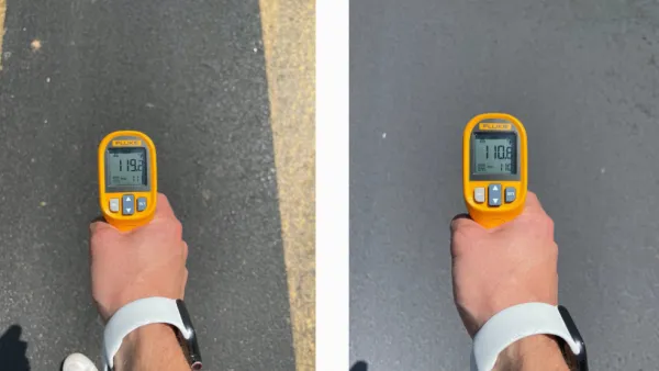 Side-by-side photos of hand holding thermometer above pavement; left photo shows 119 degrees, right photo shows 110 degrees, illustrating the effect of a cool pavement treatment.