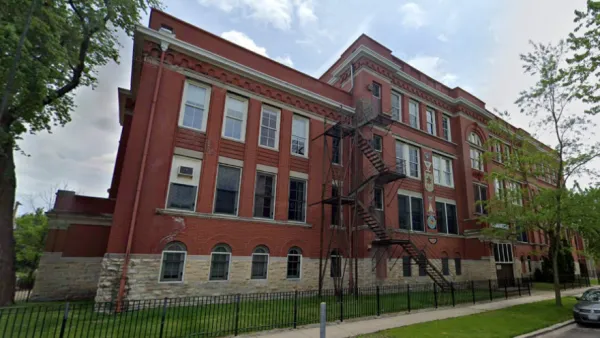Google Maps street view of historic red brick school building in CHicago, Illinois