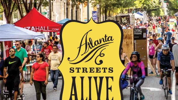 Photo of people biking and walking on pedestrianized street with superimposed yellow Atlanta Streets Alive logo in center.