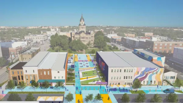 Rendering of redeveloped public square in Denton, Texas with new pedestrian and public infrastructure and historic courthouse in background.