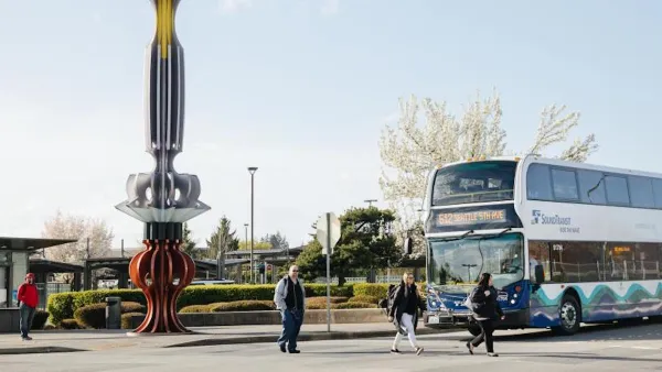 White and blue double-decker bus in Seattle, Washington.
