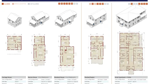A series of diagrams shows a variety of housing types pre-approved for construction in South Bend, Indiana.