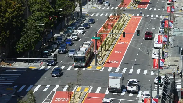 Aerial view of red painted bus-only center lanes on Van Ness Avenue, San Francisco