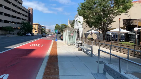 Red painted dedicated bus lane in Indianapolis, Indiana