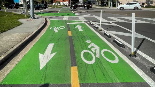 Green separated bike lane in Tampa, Florida.