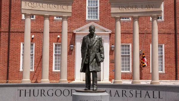 A statue of Thurgood Marshall in the lawyers mall in front of Maryland General Assembly and the Supreme Court.