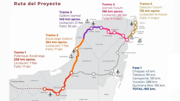 A map of the under-construction Tren Maya that passes through several locations on Mexico's Yucatan Peninsula.