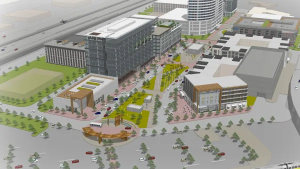 Rendering of Trinity Mills TOD project in Dallas, Texas with 5-story office building, park space, and residential multifamily units