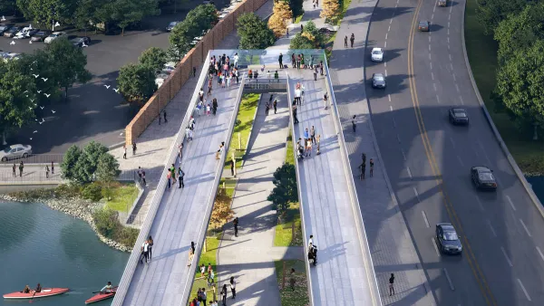 Rendering of 11th Street Bridge Park in Washington, D.C. on old bridge across Anacostia River.
