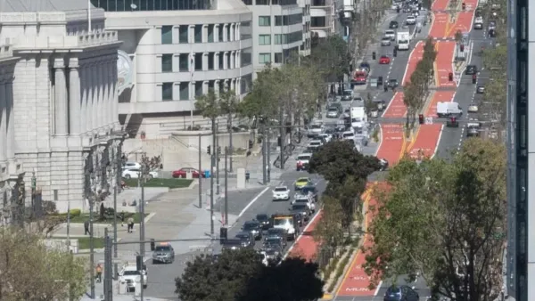 View of Van Ness Avenue, San Francisco, with red bus-only lanes