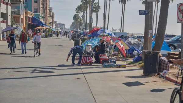 Homeless encampments on the Venice Beach Ocean Front Walk.