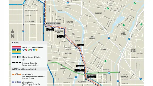A map of a planned light rail line connecting Los Angeles to cities in the Southeast of the county.