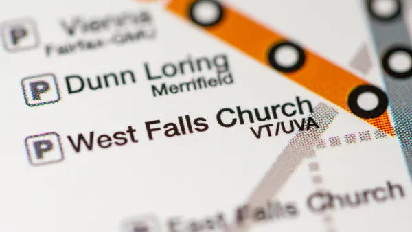 A map of the Washington Metropolitan Area Transit Authority Orange Line, highlighting the West Falls Church station.