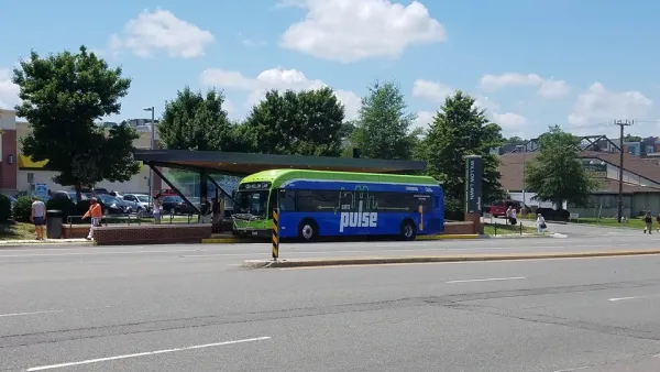 Pulse bus rapid transit station with blue bus pulled in in Richmond, Virginia