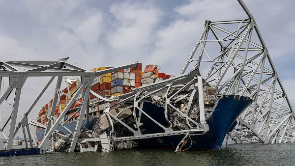 Bridge with container ship crashed into it in Baltimore, Maryland.