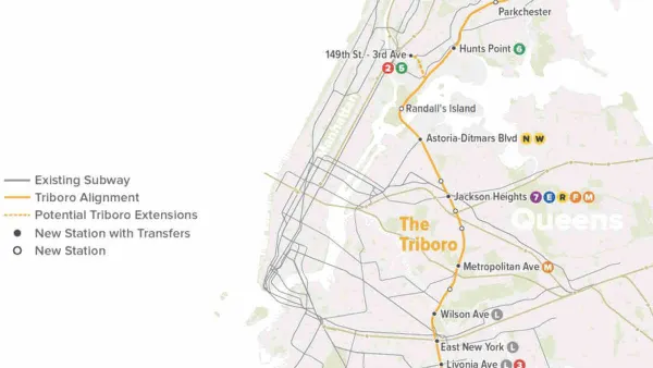 A map of the proposed Triboro Line, which would connect Brooklyn to Queens and the Bronx in New York City.