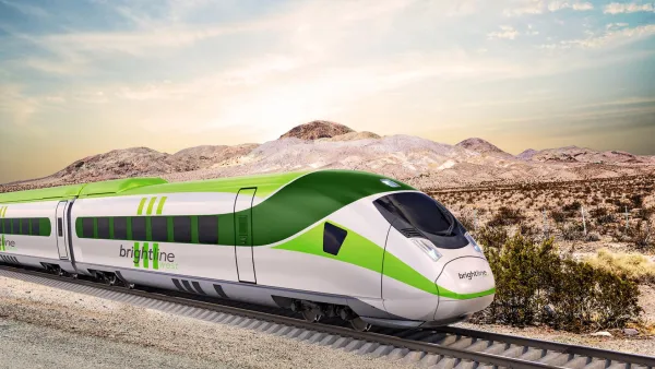 Rendering of Brightline West train passing through Southern California desert