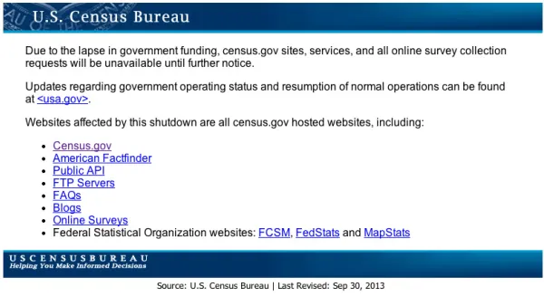 Census.gov shutdown message