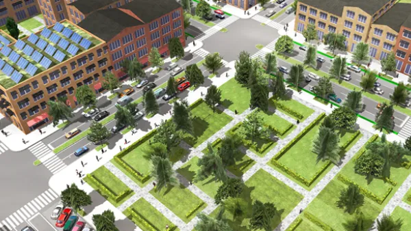 An image of a 3D city block generated by ESRI CityEngine software