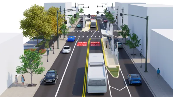A conceptual rendering of a bus stop and bus-only lane on a downtown street.