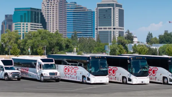 Row of white charter buses with red Gogo Charters logo.