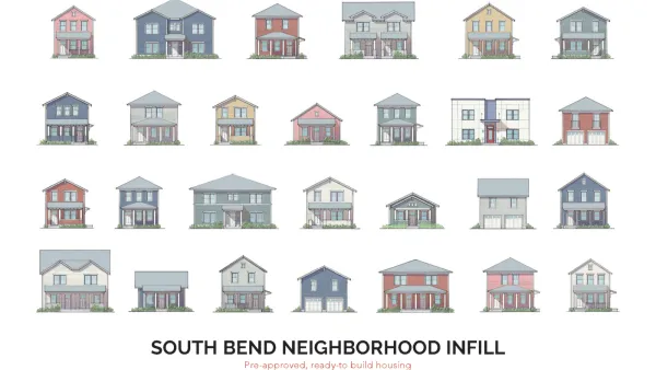 Sketches of front facades of houses laid out in a grid, six rows by four columns.