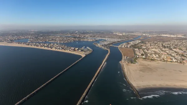Aerial view of San Gabriel River where it meets the ocean in Long Beach, California