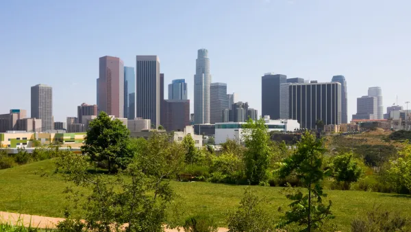 View of downtown Los Angeles from a green park