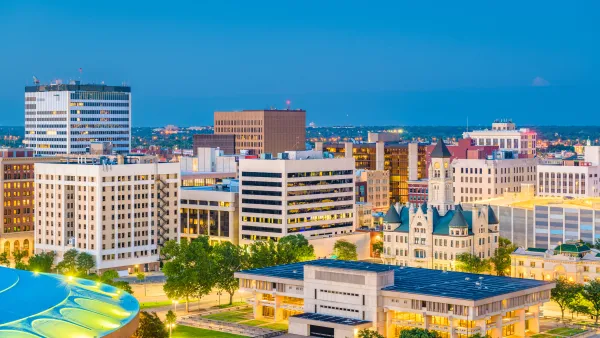 Wichita, Kansas, USA downtown skyline at dusk.