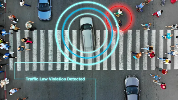 Aerial view of crosswalk with digital 'smart' crosswalk concept
