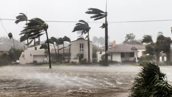 Flooded street with palm trees bending in the wind during Hurricane Irma in Ft. Lauderdale, Florida